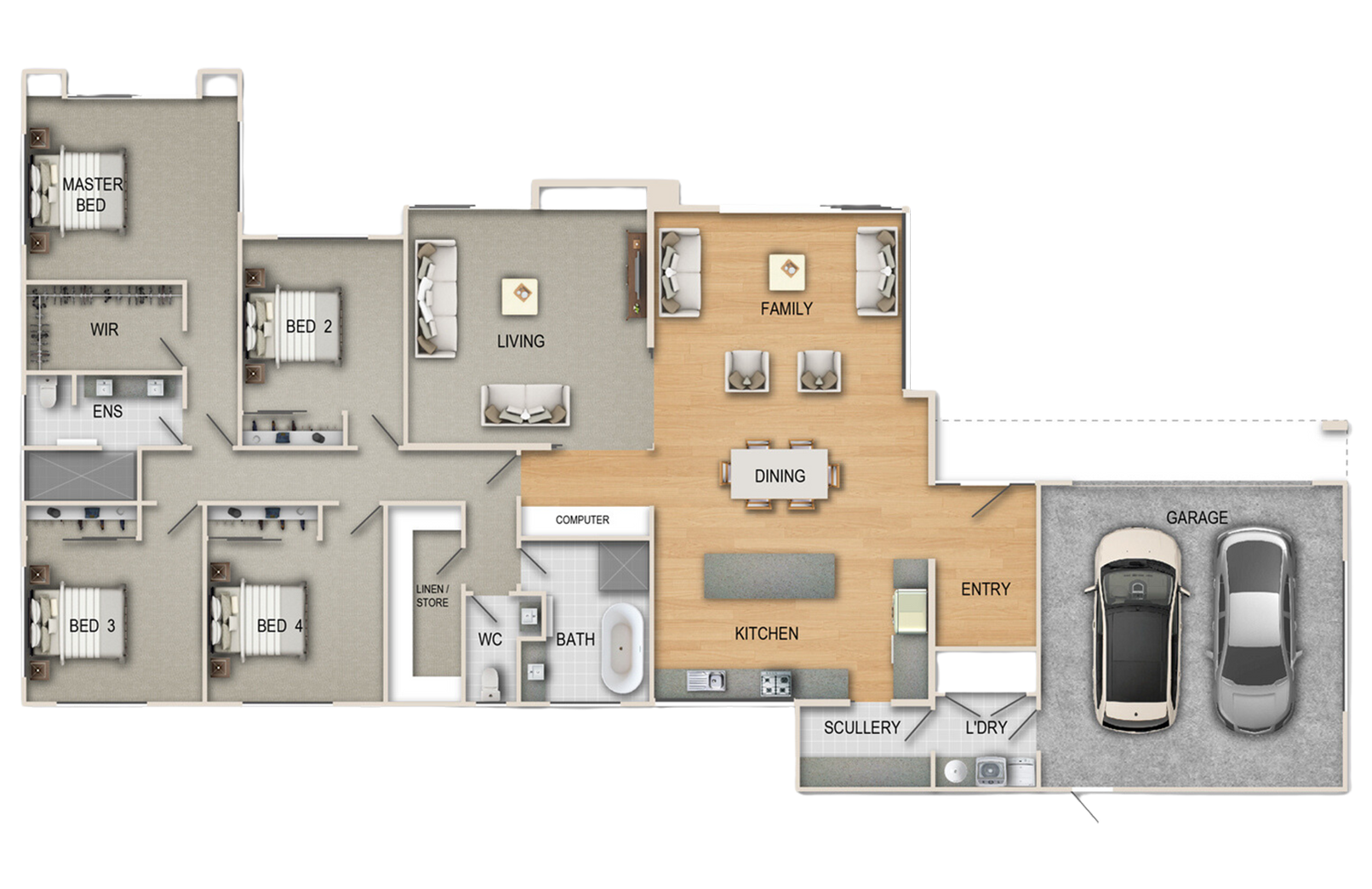 Open plan living, 4 bedrooms, master suite with ensuite, separate amenities & two roof styles to choose from with the Dale Thorpe House Floor plan.