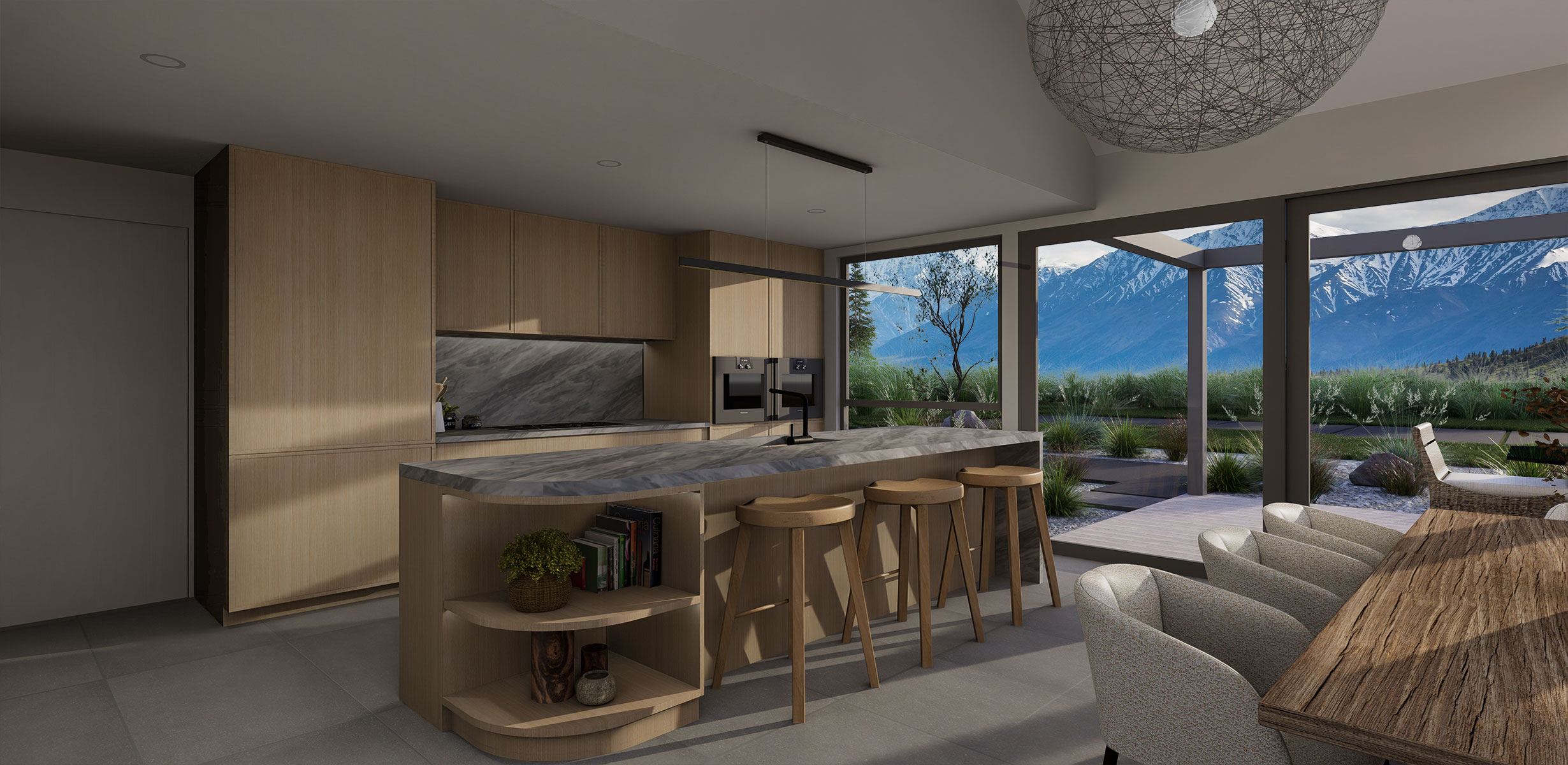 Rakaia House Plan Kitchen View NZ - Our spacious open plan design that seamlessly connects living areas and offers stylish functionality. Enjoy ultimate convenience.