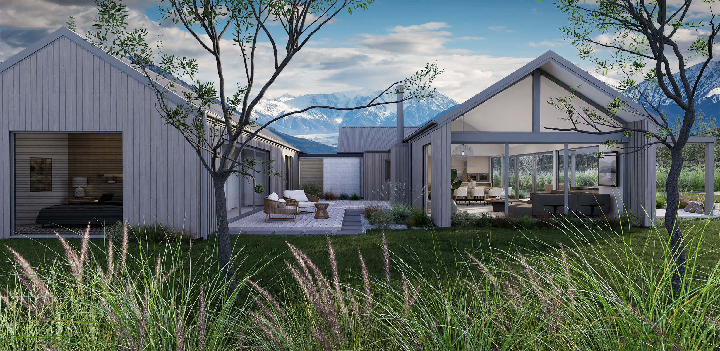Rakaia House Plan Back View NZ - Our spacious open plan design that seamlessly connects living areas and offers stylish functionality. Enjoy ultimate convenience.