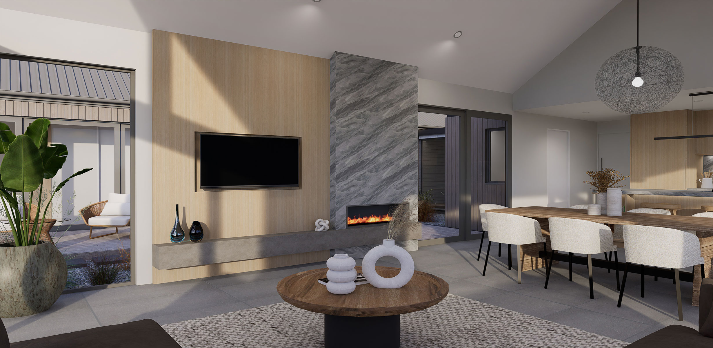 Rakaia House Plan Dining & Living Room View NZ - Our spacious open plan design that seamlessly connects living areas and offers stylish functionality. Enjoy ultimate convenience.