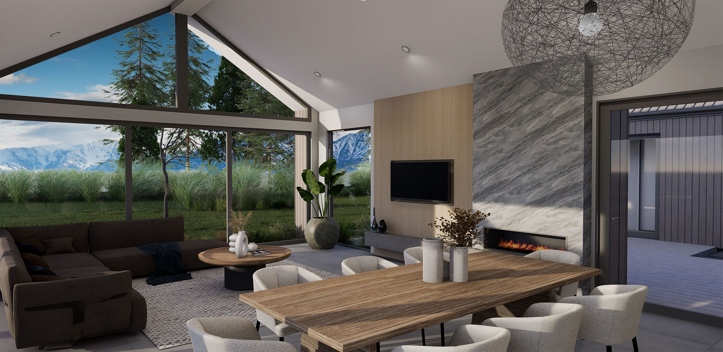 Rakaia House Plan Dining & Living Room View NZ - Our spacious open plan design that seamlessly connects living areas and offers stylish functionality. Enjoy ultimate convenience.