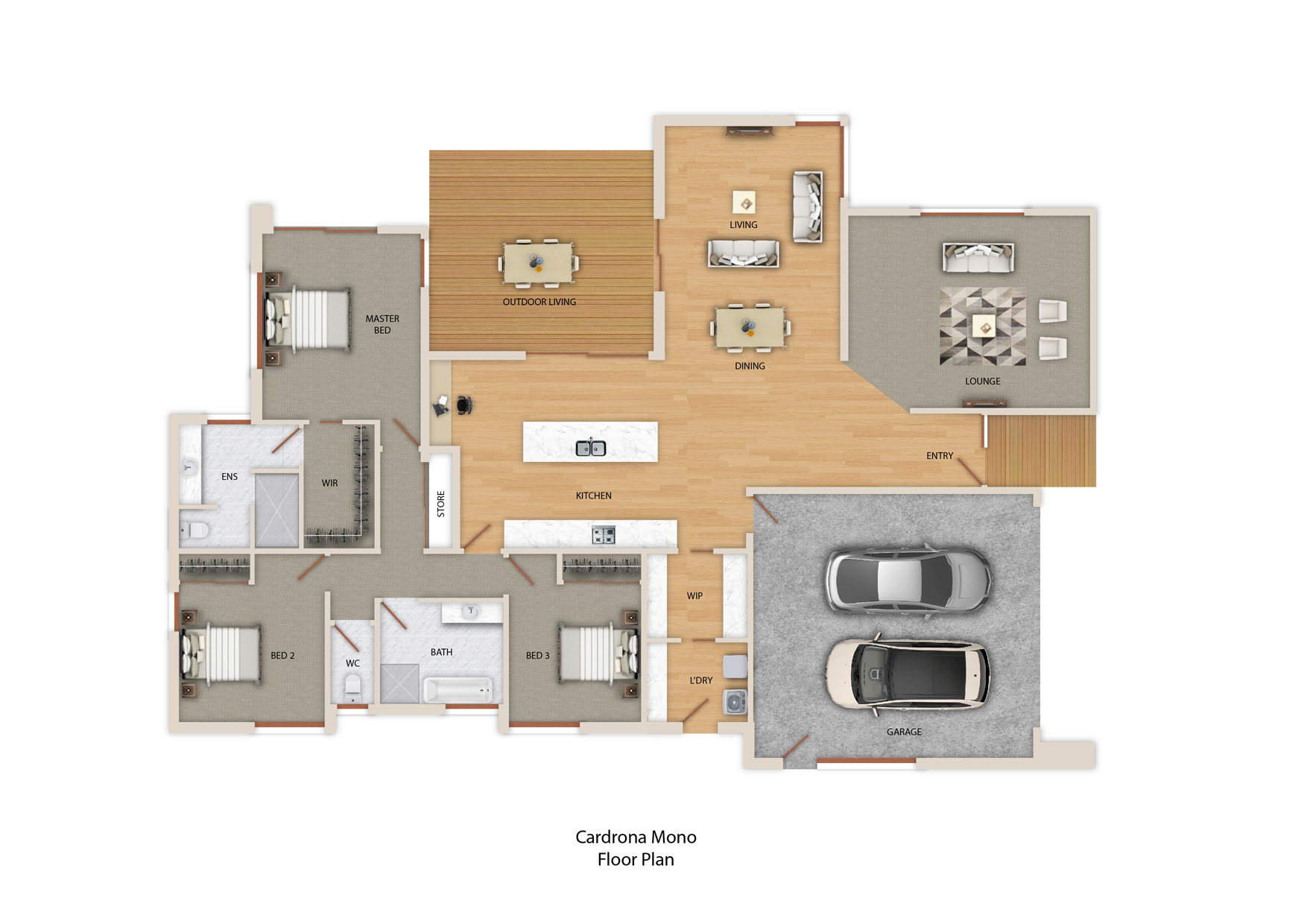 Cardrona Mono Open plan living charm of this 3-bedroom home, complemented with a scullery, separate amenities, and ample storage in the double garage.