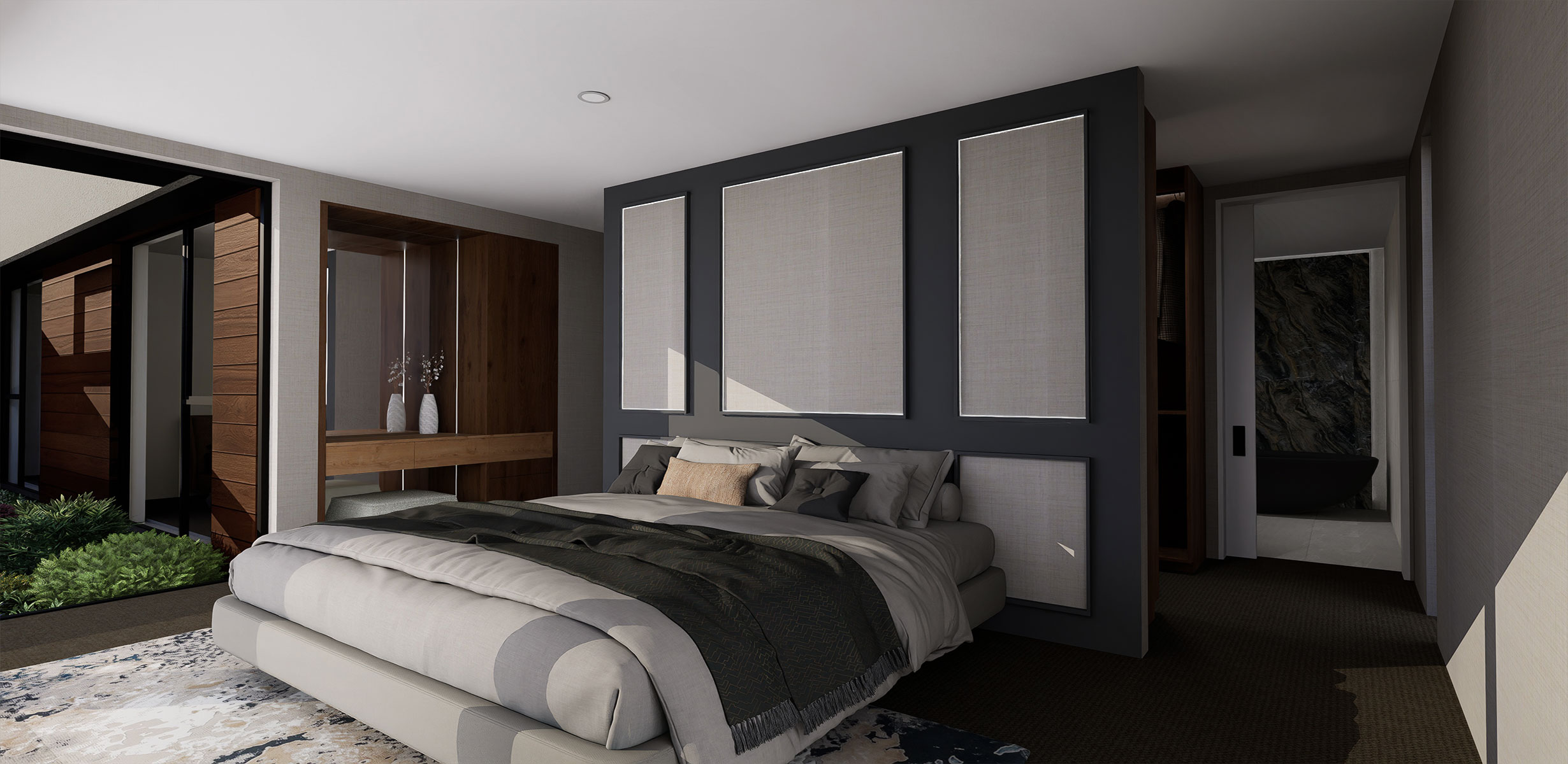 Oakbridge Master Bedroom View NZ - Our spacious open plan design that seamlessly connects living areas and offers stylish functionality. Enjoy ultimate convenience.
