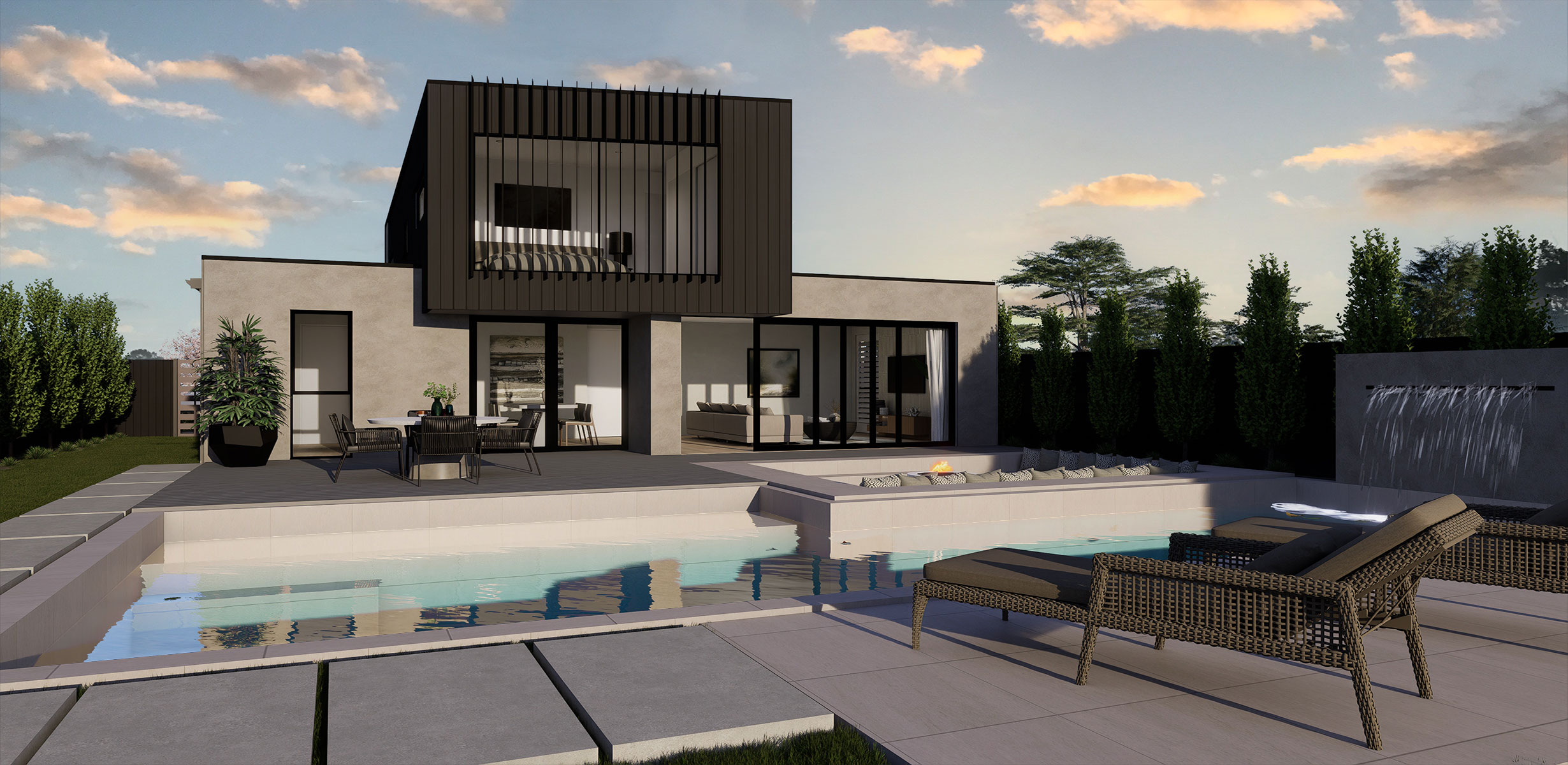 Hallmark Homes Prestige Series Fendalton Deluxe Floor Plan Back Rear Outdoor Living View Christchurch NZ.