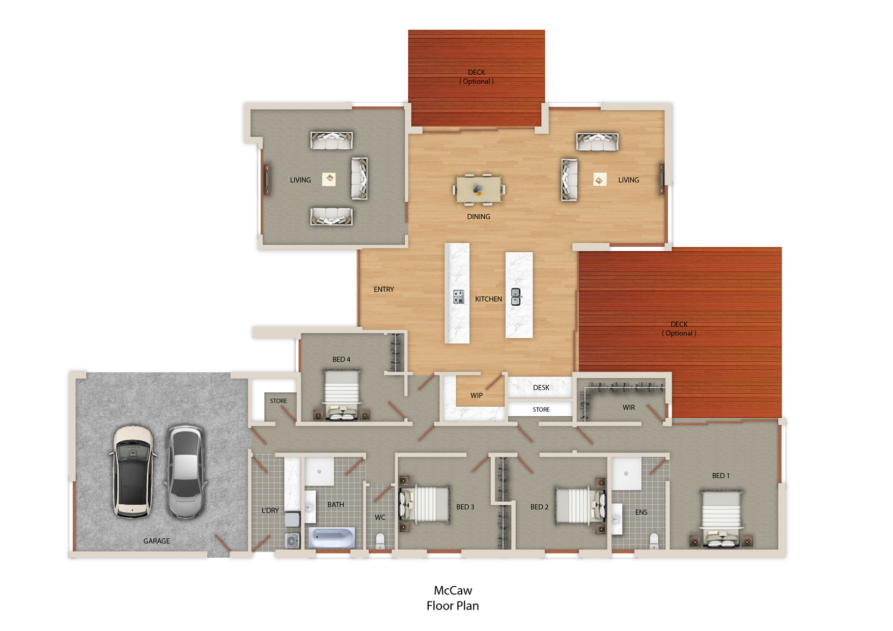 Comfort with open plan living, 4 bedrooms, master suite with ensuite, separate amenities, two distinct roof styles with the Macaw house floorplan.