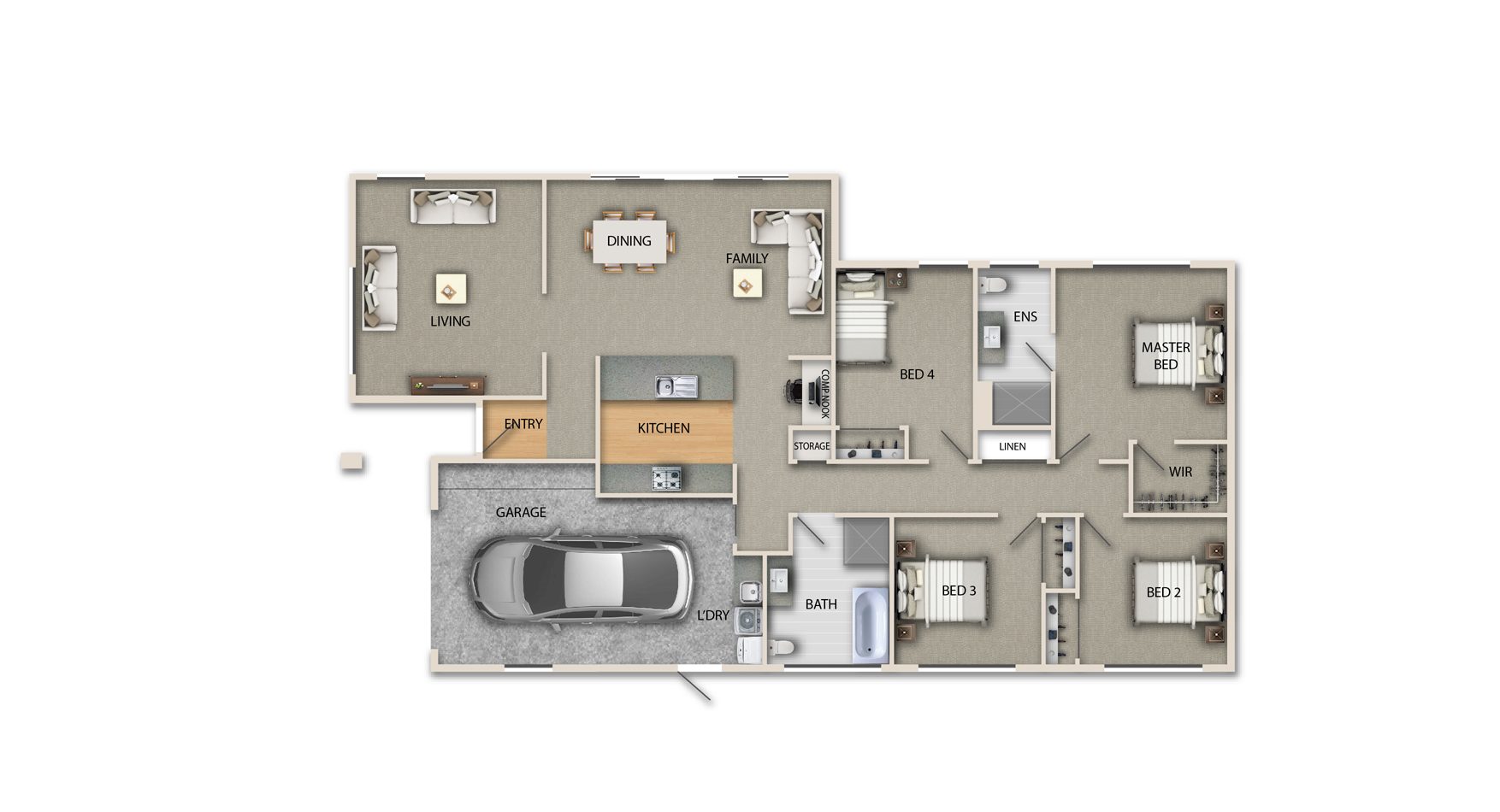 floorplan of modern four-bedroom family home