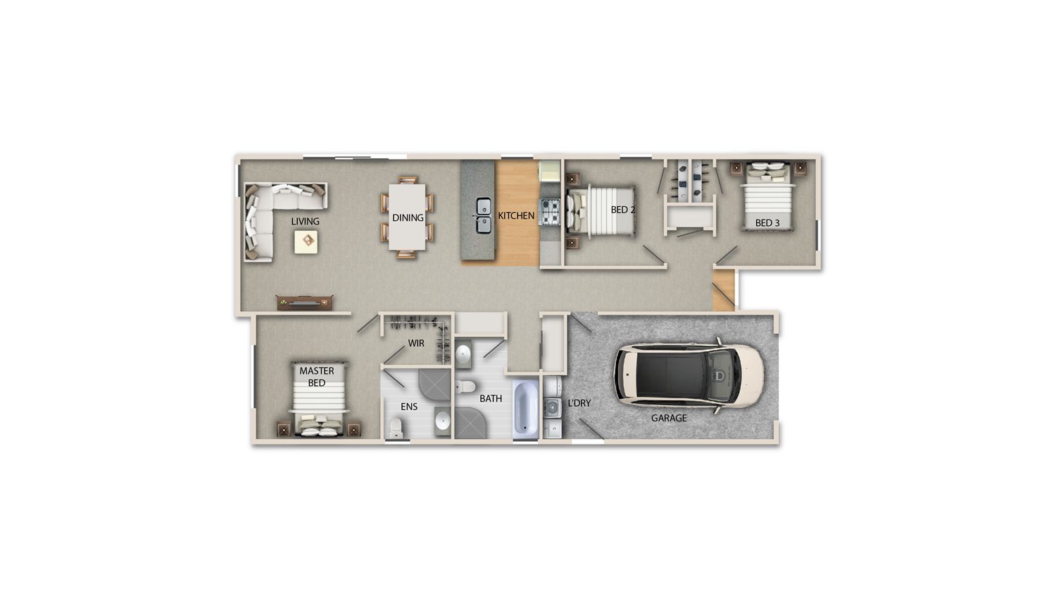Open-plan living, dining, and kitchen area