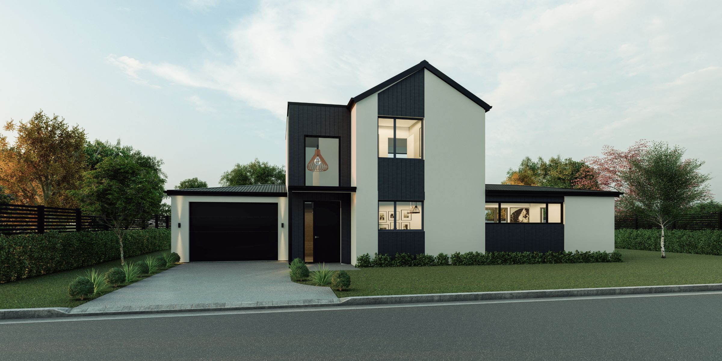 Contemporary front exterior of a two-storey home featuring clean lines and modern materials.