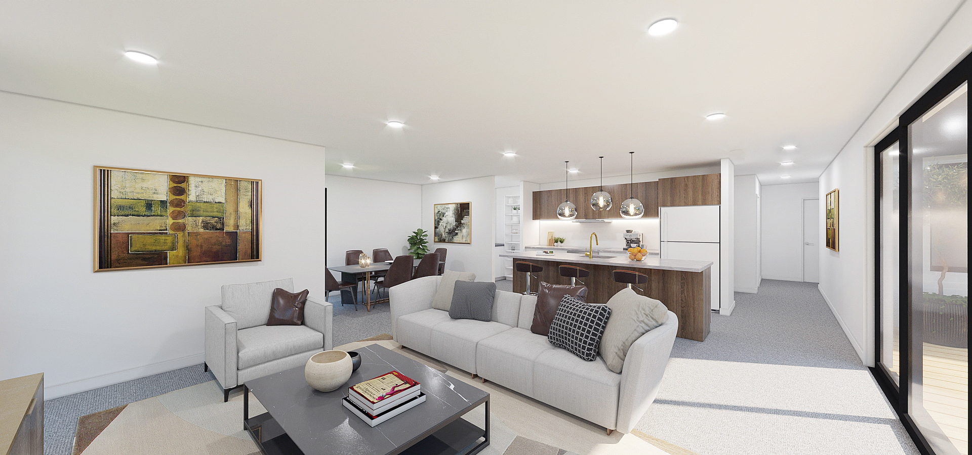 Open-plan living and dining in 169m² home