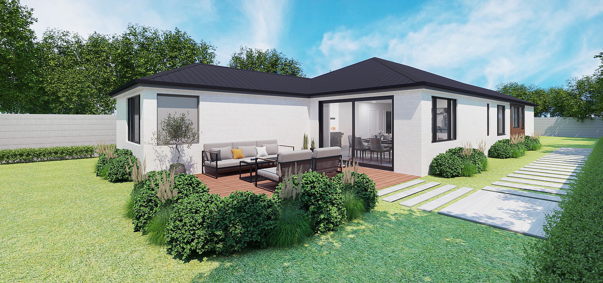 Open-plan living, dining, and kitchen area