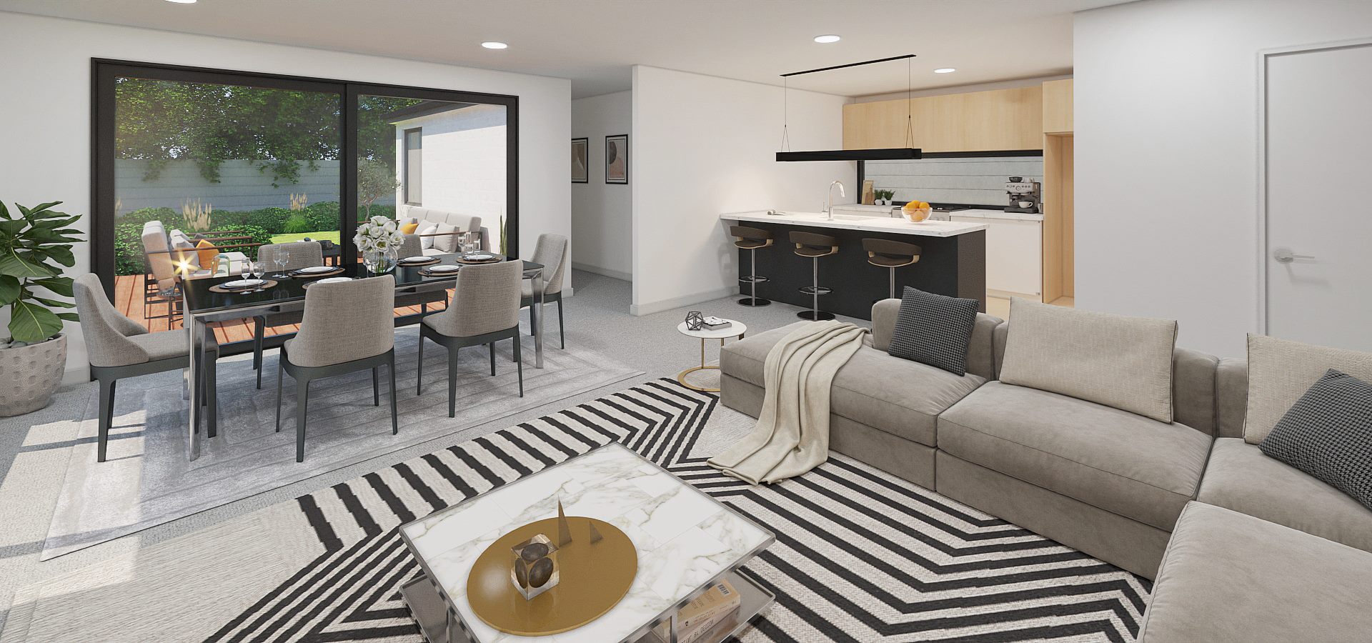 Open-plan living, dining, and kitchen area
