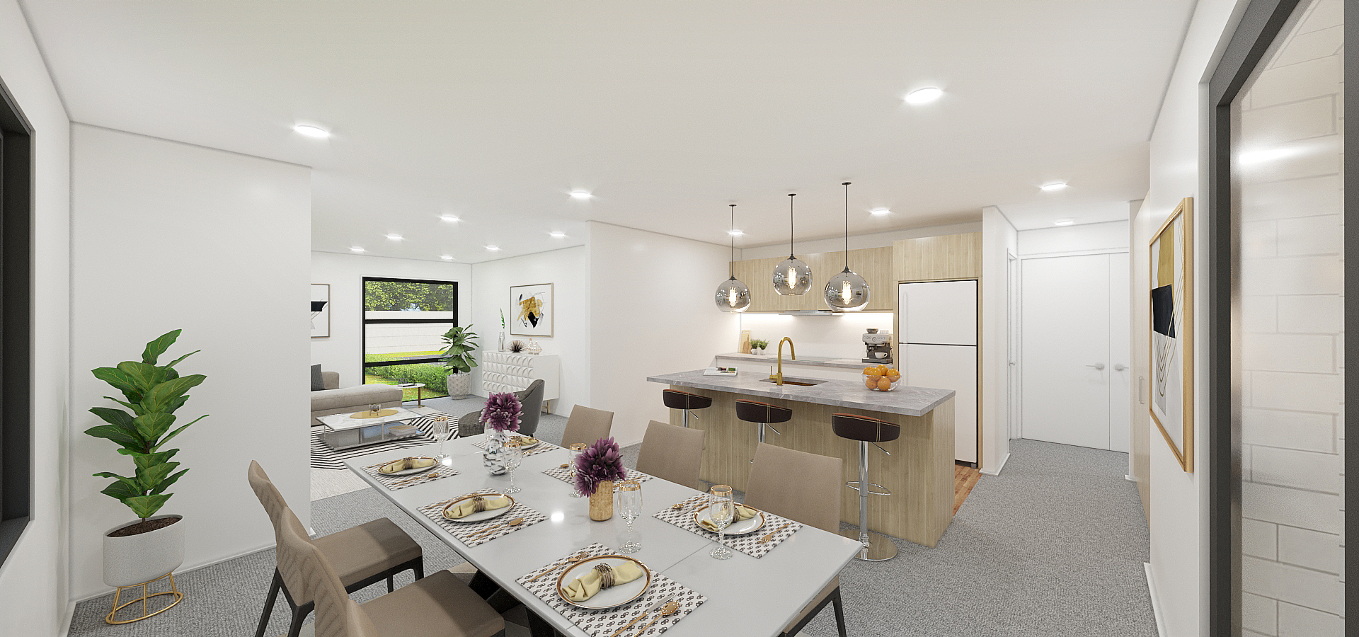 Open-plan kitchen, dining, and living in 166m² home