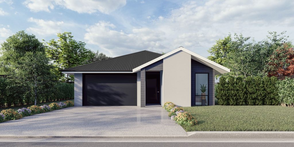 Front exterior of the Akaroa 132 – a compact three-bedroom home designed for narrow sections with modern cladding and clean lines.