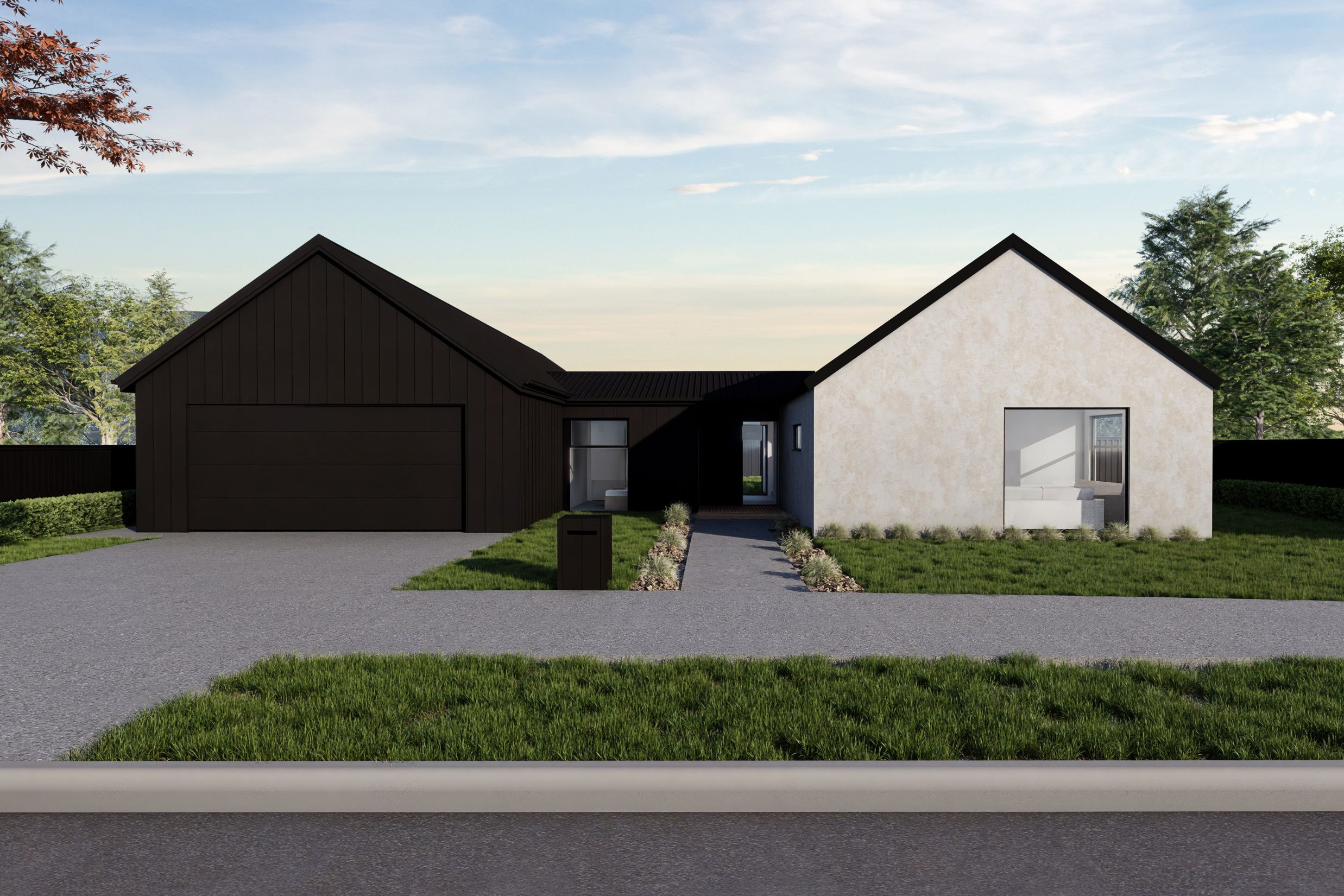 Modern pavilion home, mixing black axon with cream Cerrano plaster in Christchurch, Cashmere Estates. Upcoming build for Hallmark Homes.