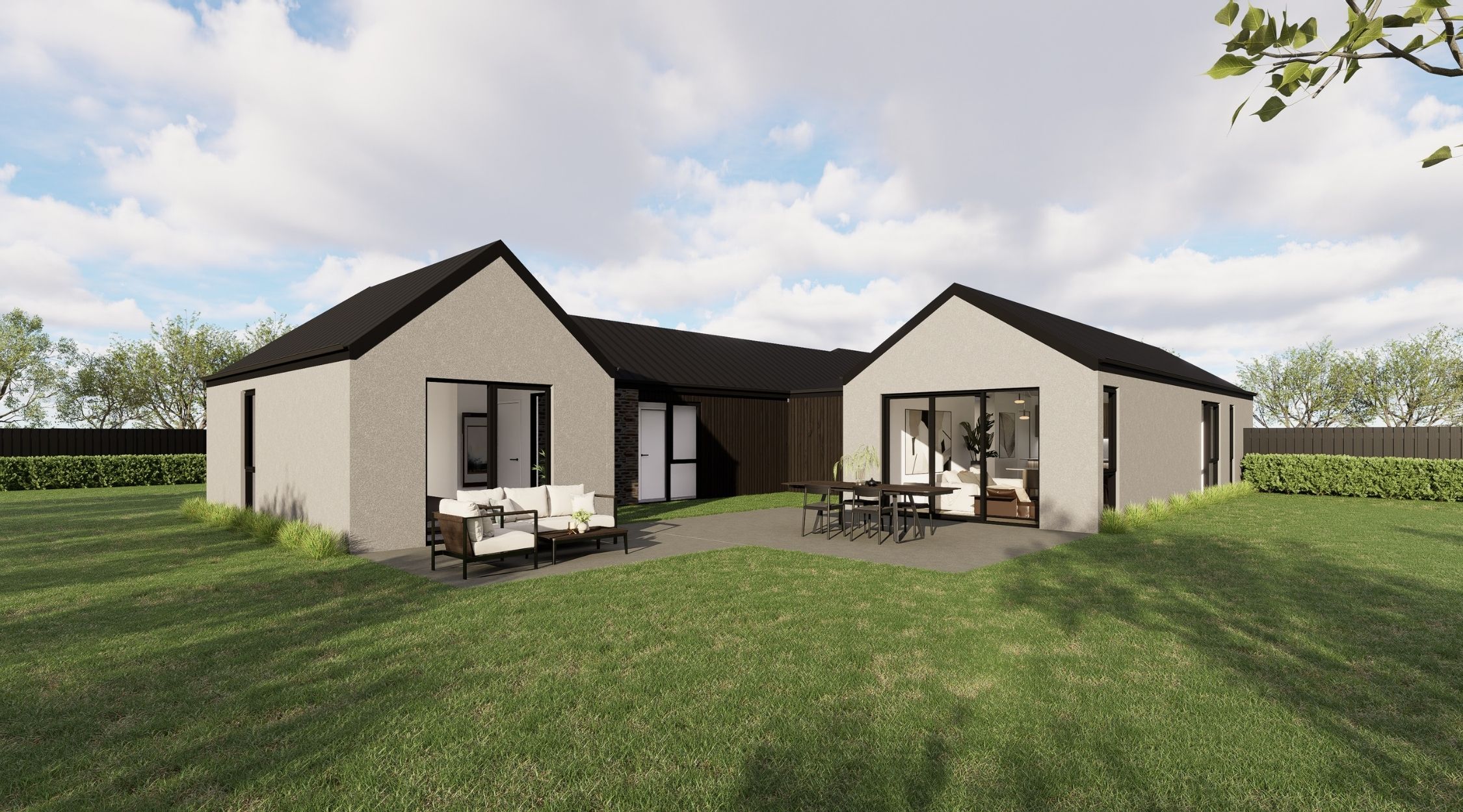 Architectural render of a modern gable home with outdoor living space in a central courtyard, Lot 1 Hamptons Subdivision Prebbleton.