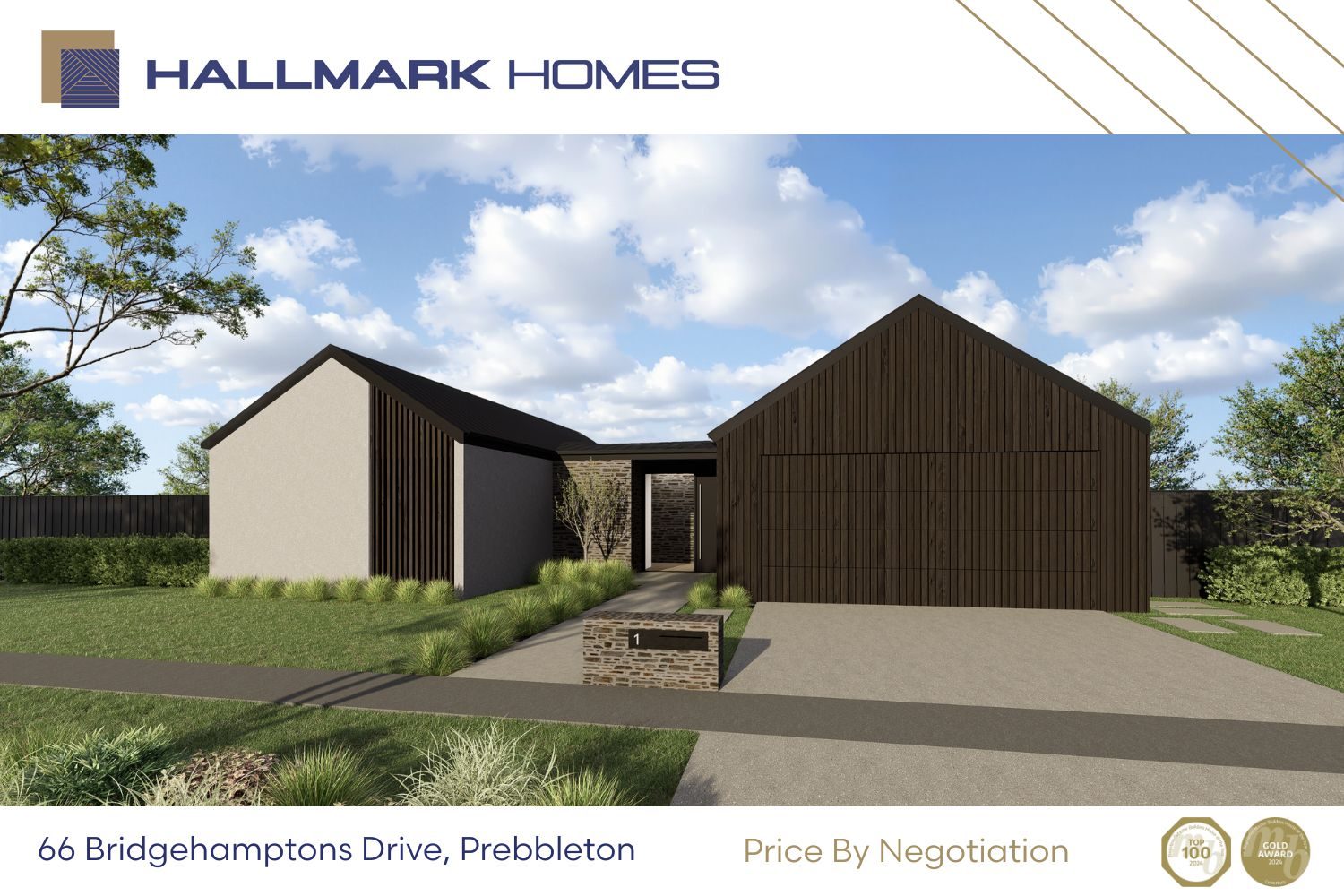 Front elevation of a contemporary gable-style home with dark vertical timber cladding and stone feature wall, Lot 1 Hamptons Subdivision Prebbleton.