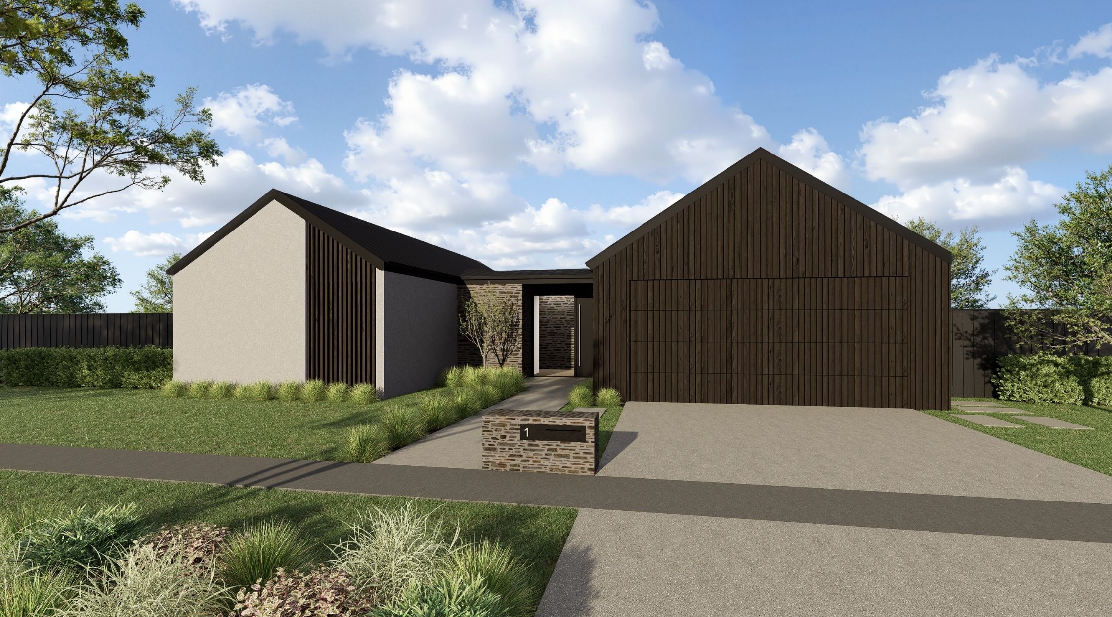 Front elevation of a contemporary gable-style home with dark vertical timber cladding and stone feature wall, Lot 1 Hamptons Subdivision Prebbleton.
