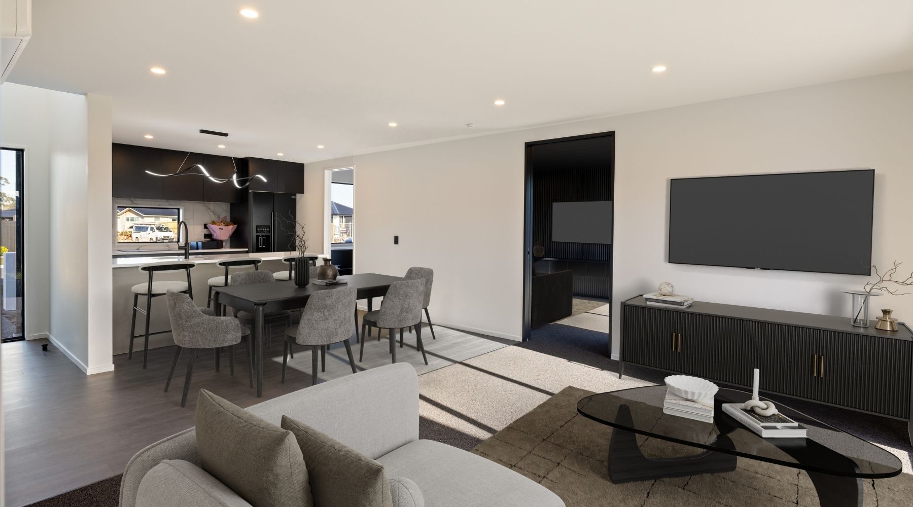 Modern living area, with black and white finishes in Christchurch.