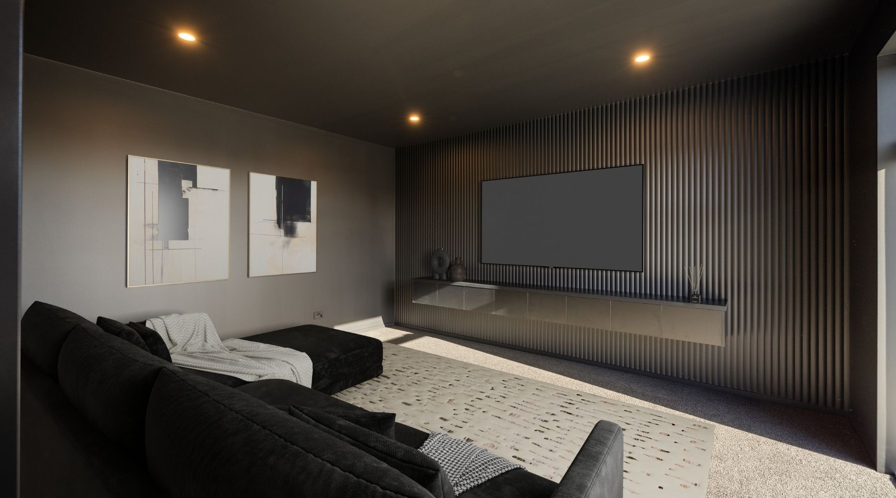Modern media room with feature black panel