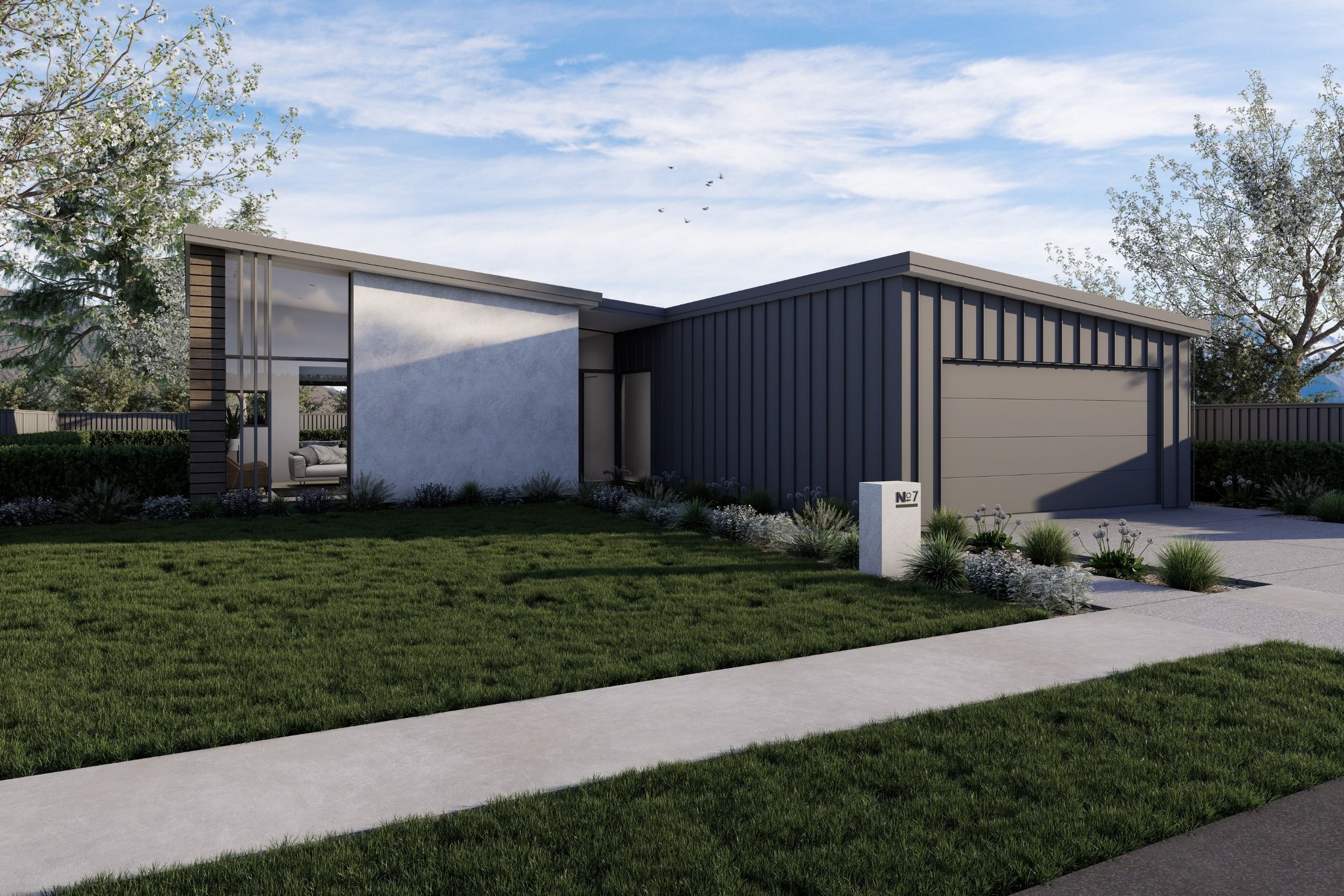 Hawea plan, mono pitch roof, modern textures and a showstopper design from Hallmark Homes