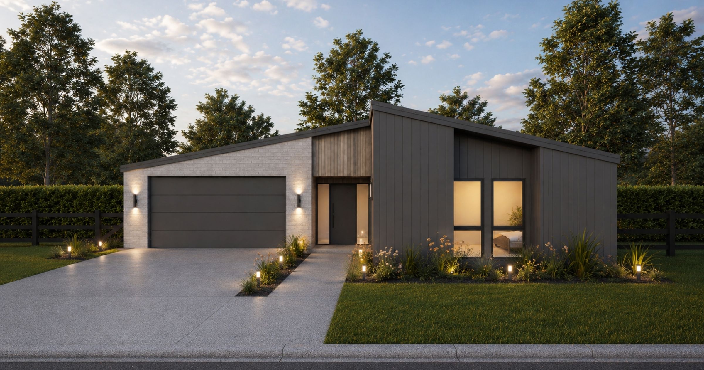 New house and land package in Prebbleton. 209m2 home with a mono pitch roof with a mix of Linea oblique, brick and taxon timber.