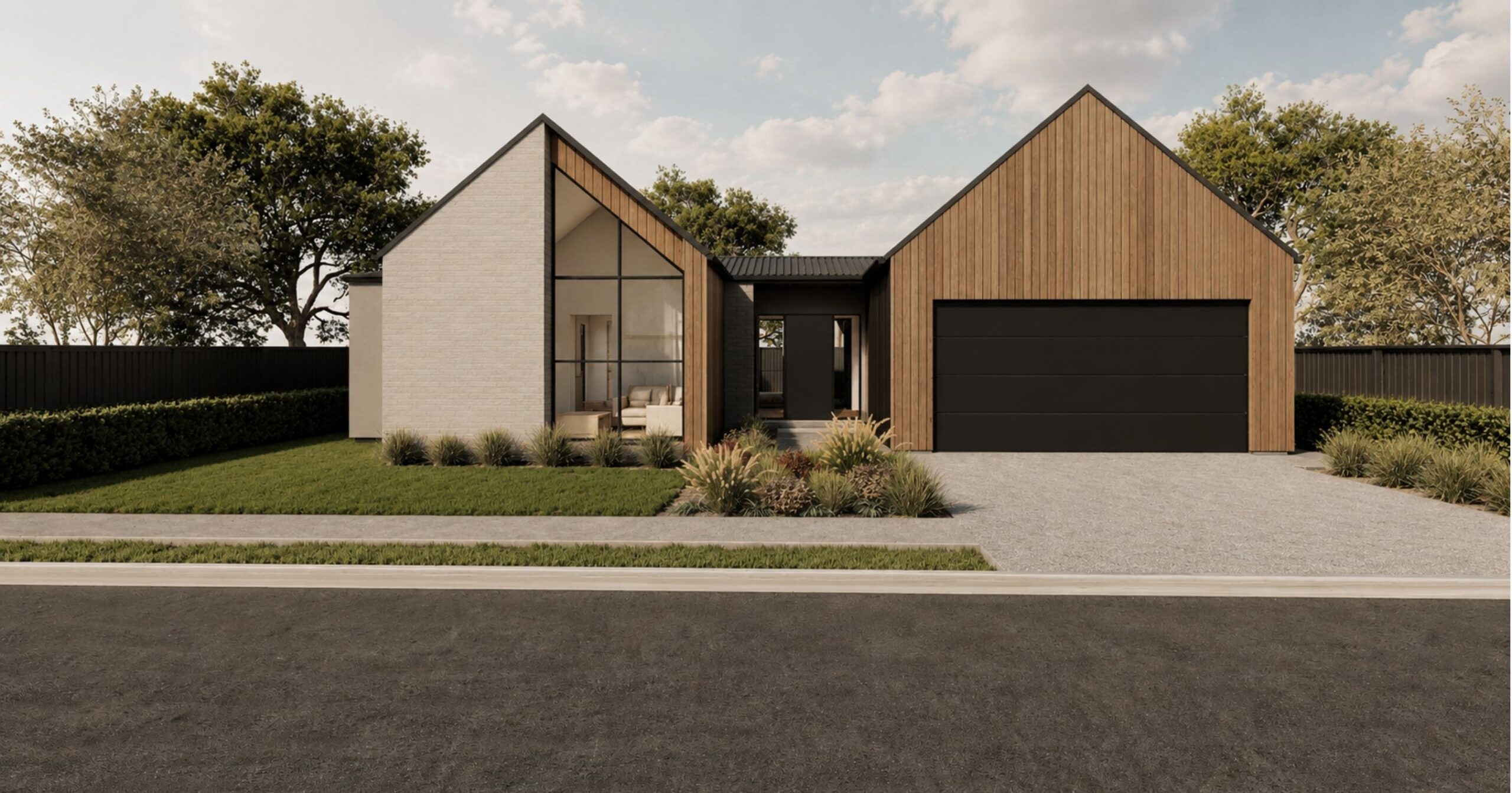 Pavillion styled home, with designer front window. Cedar cladding, brick and plaster