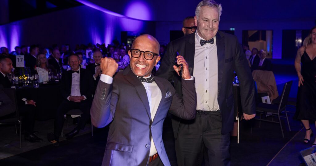 Nick and Mike from Hallmark Homes Canterbury celebrating their House of the Year Gold Award win, Te Pae Christchurch