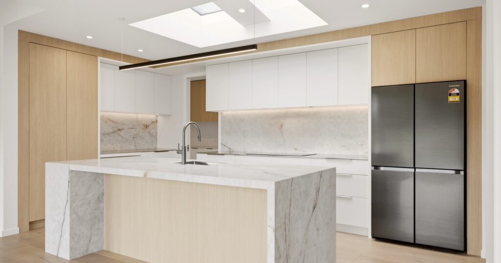 Warm white and natural timber kitchen, a leading 2026 kitchen design trend in a Christchurch home by Hallmark Homes