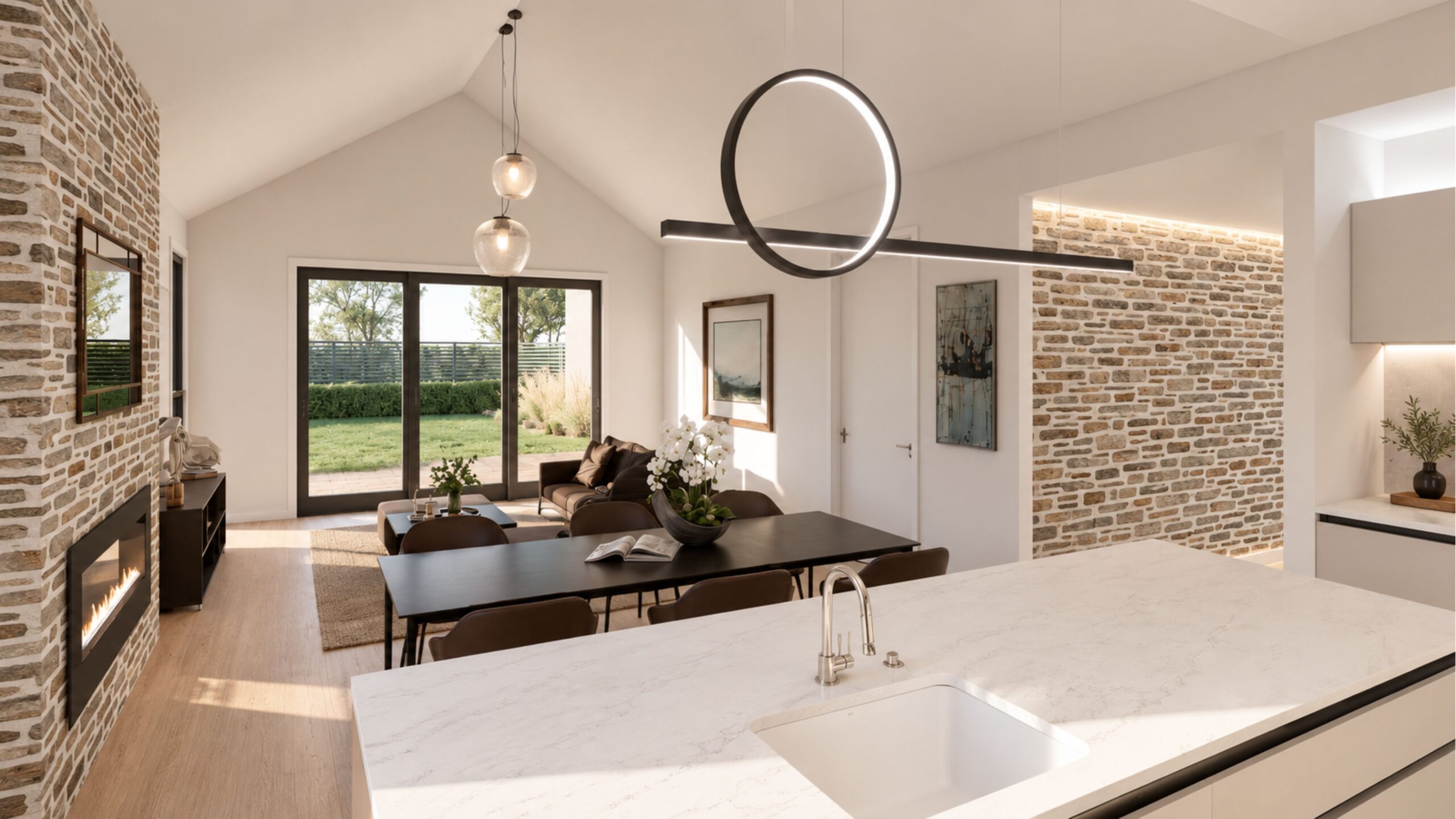 Cromwell plan designer living area and entry with a schist fireplace in Christchurch
