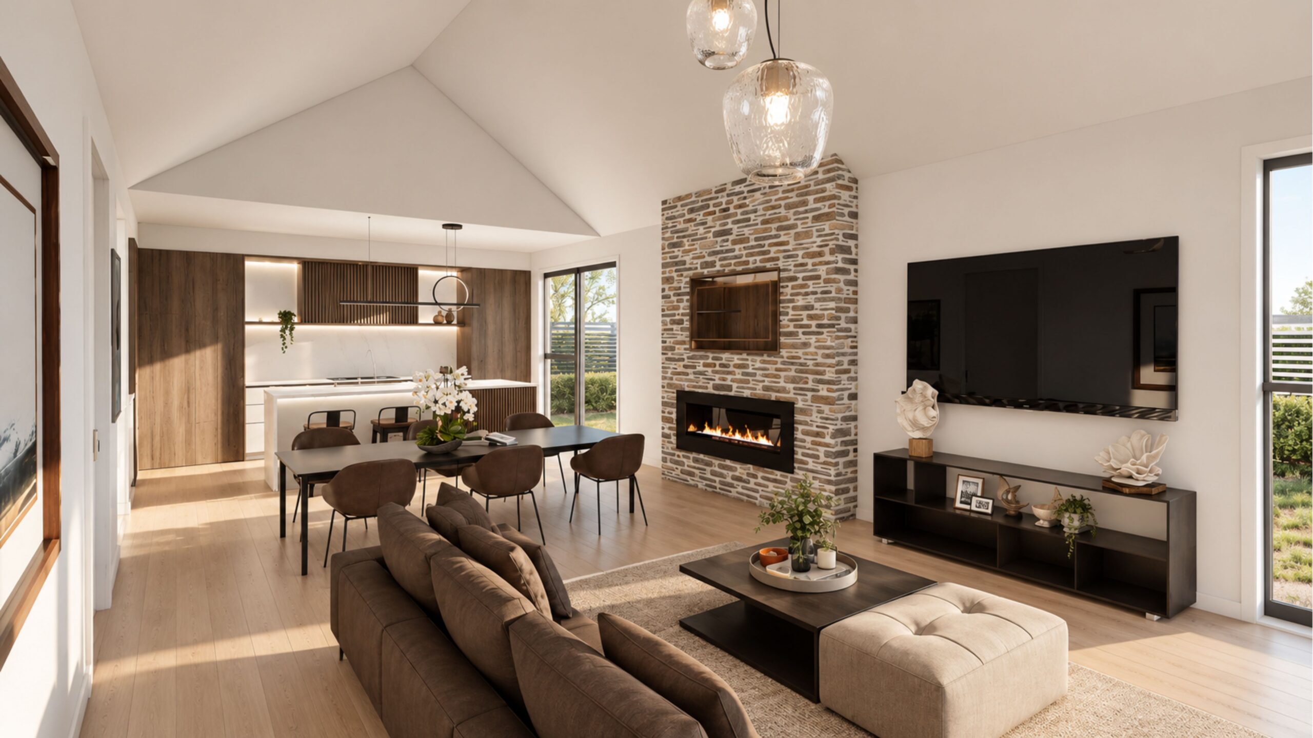 Cromwell plan designer living area with a schist fireplace in Christchurch
